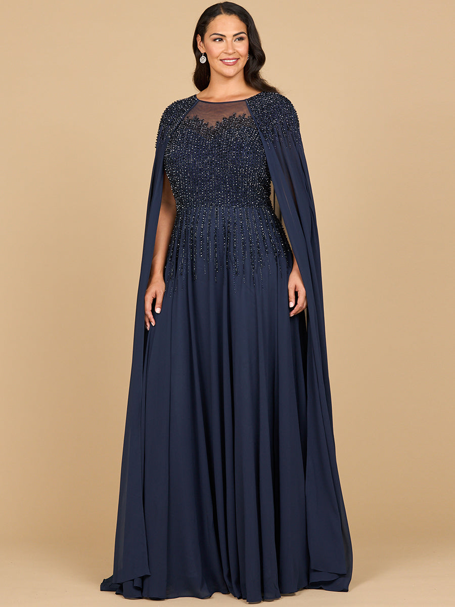 Lara 28943- Chiffon A-line Long Gown with Long Cape Sleeves