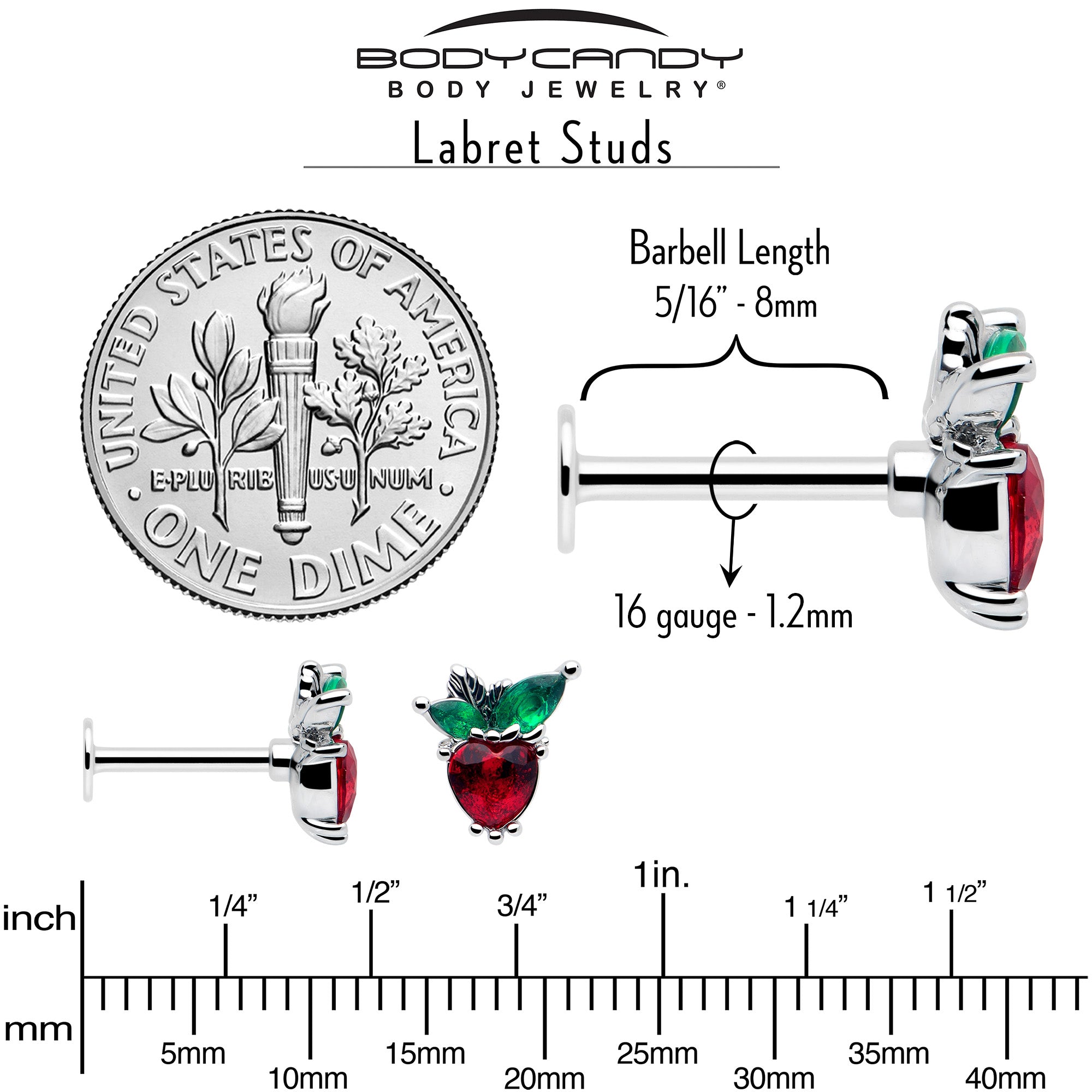 16G 5/16 Red Green Gem Strawberry Heart Labret Monroe Tragus