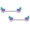 14G 9/16 Blue Gem Faerie Flower Purple Barbell Nipple Ring Set