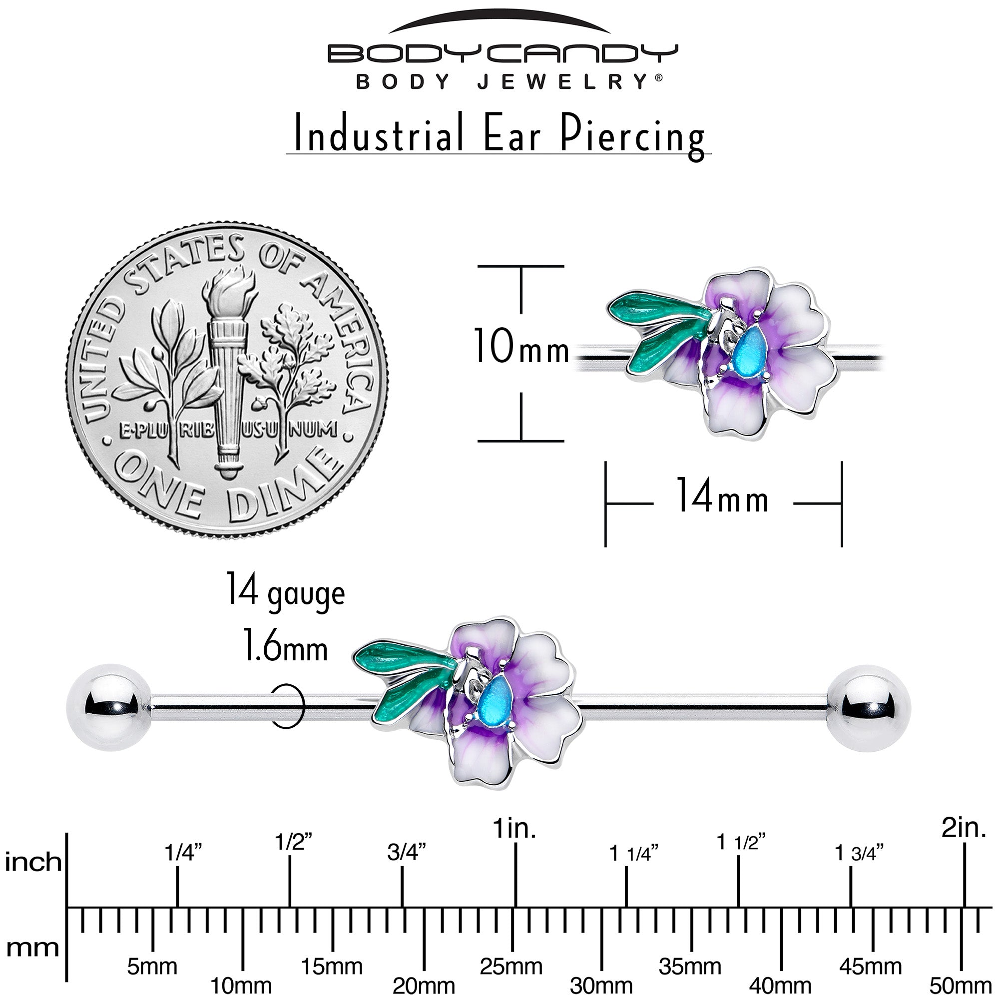 14G Blue Gem Faerie Flower Purple Industrial Barbell 38mm