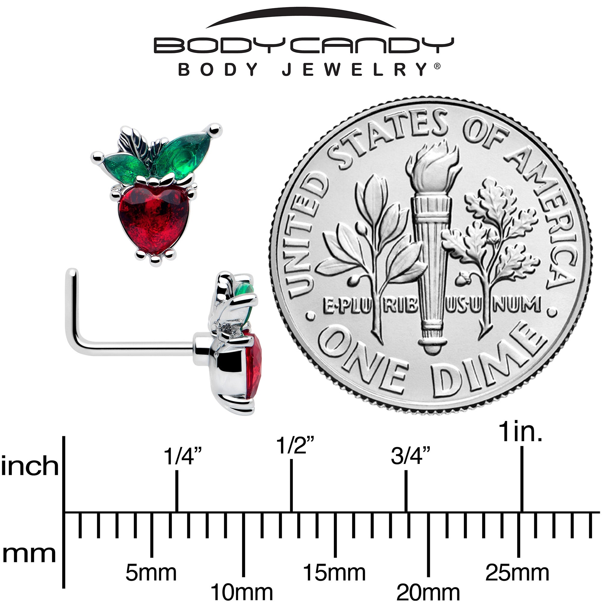 20G 7mm Red Green Gem Strawberry Heart L Shape Nose Ring