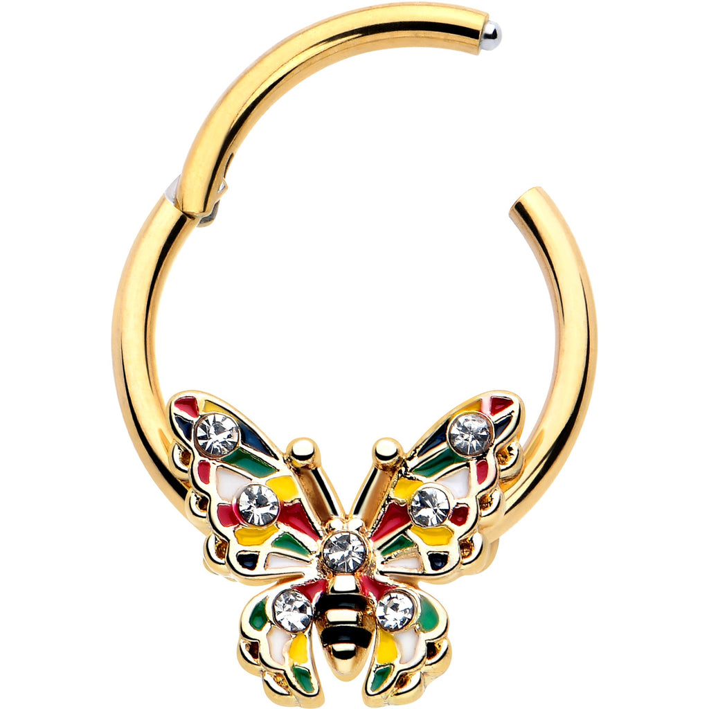 16G 3/8 Clear Gem Gold Tone Color Block Butterfly Hinged Segment Ring