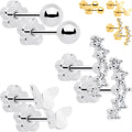20G CZ Gem Ball Arch Butterfly Reversible Flower Flat Back Earring Set of 6
