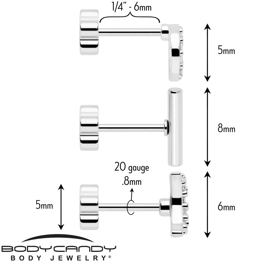 20G Clear CZ Gem Moon Circle Bar Reversible Flower Flat Back Earring Set of 6