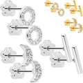 20G Clear CZ Gem Moon Circle Bar Reversible Flower Flat Back Earring Set of 6