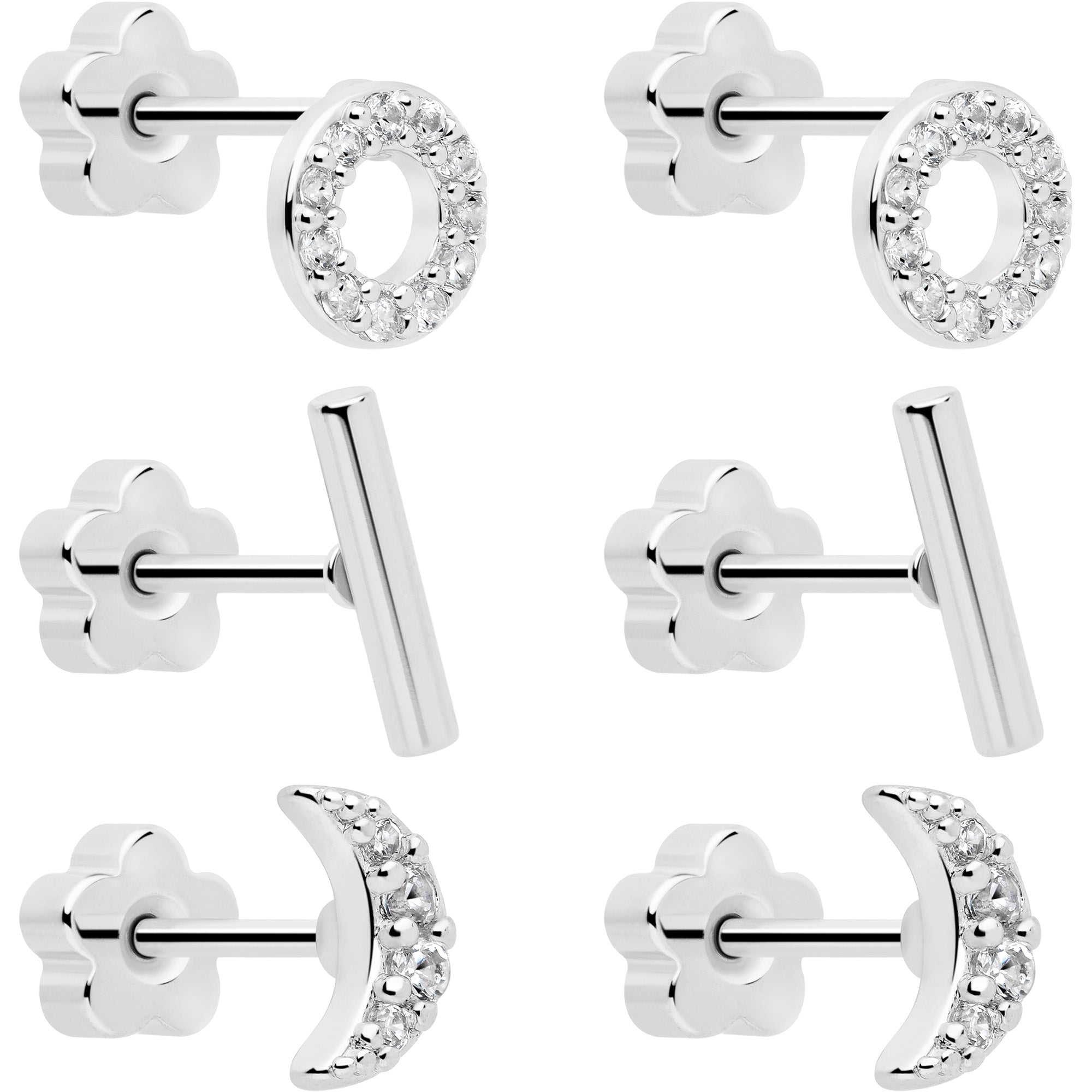20G Clear CZ Gem Moon Circle Bar Reversible Flower Flat Back Earring Set of 6