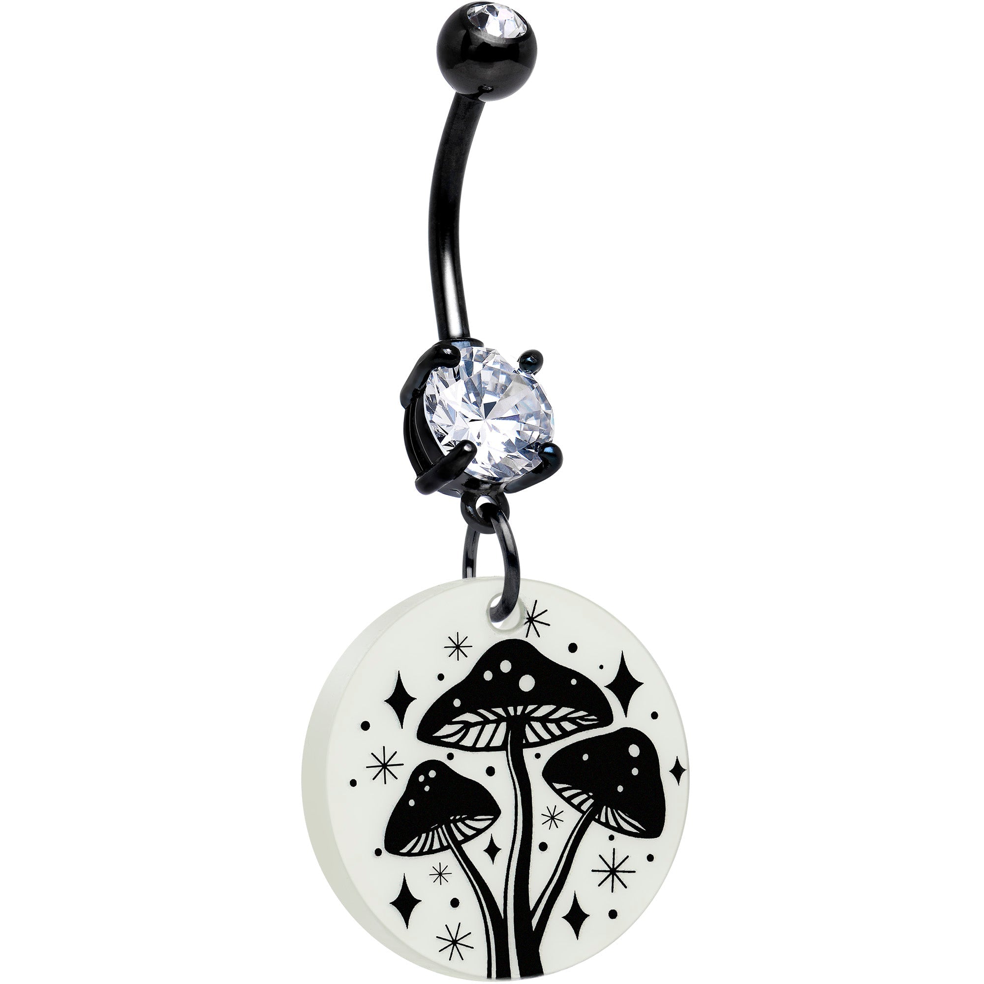 Black Double Gem Glow in the Dark Mystic Mushroom Dangle Belly Ring by Onyx O