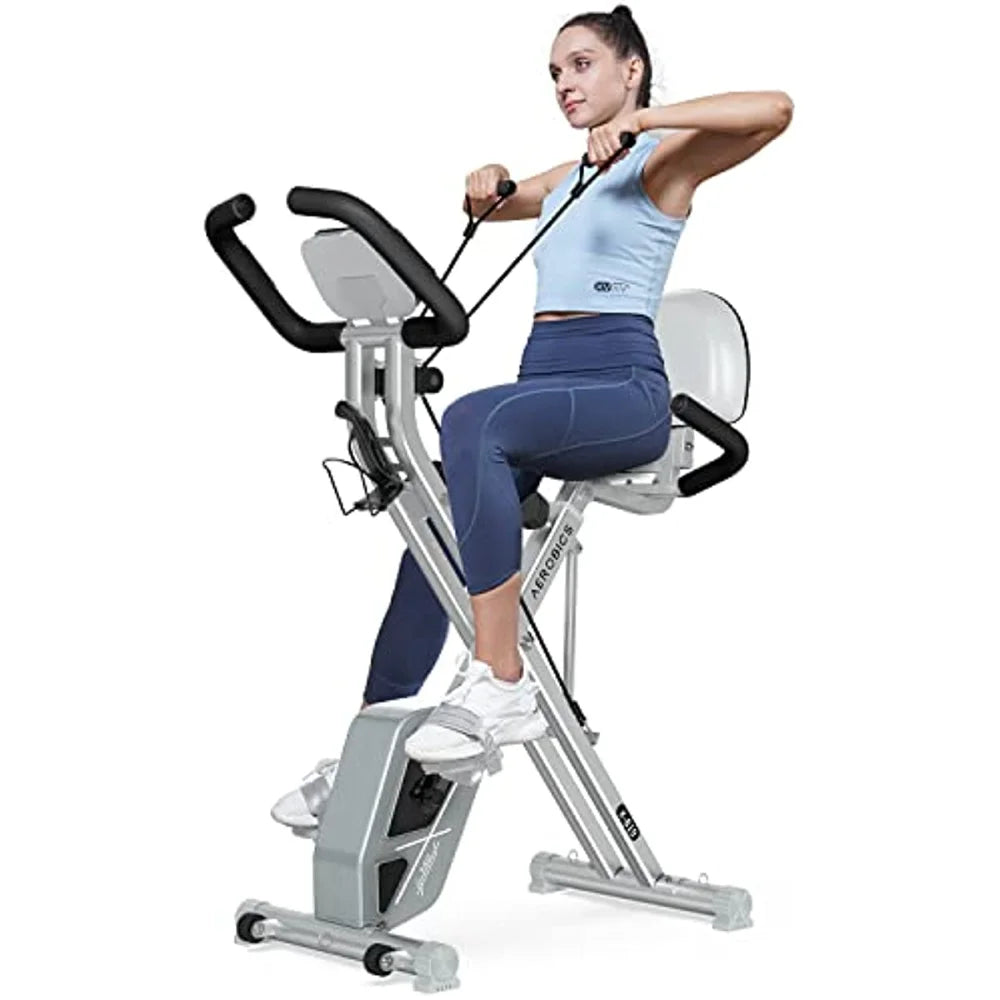 2023 Foldable Fitness Stationary Bike Indoor Cycling Bike 8-Level Adjustable Resistance Bottle Holder & Back Support Cushion