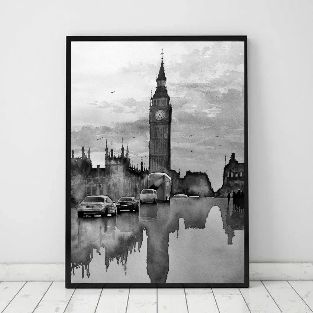 Black White Retro Paris London Anime Posters Sticky HD Quality Wall Art Retro Posters for Home Kawaii Room Decor