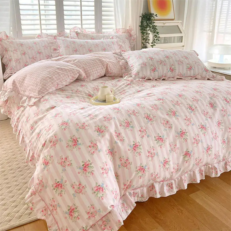 Bonenjoy Pink Color Duvet Cover with Ruffles 100%Cotton Flower Printed housse de couette for Girls Pure Cotton Bed Cover King