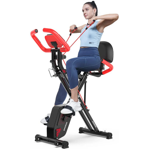 2023 Foldable Fitness Stationary Bike Indoor Cycling Bike 8-Level Adjustable Resistance Bottle Holder & Back Support Cushion