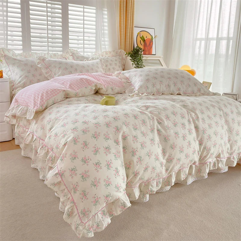 Bonenjoy Pink Color Duvet Cover with Ruffles 100%Cotton Flower Printed housse de couette for Girls Pure Cotton Bed Cover King